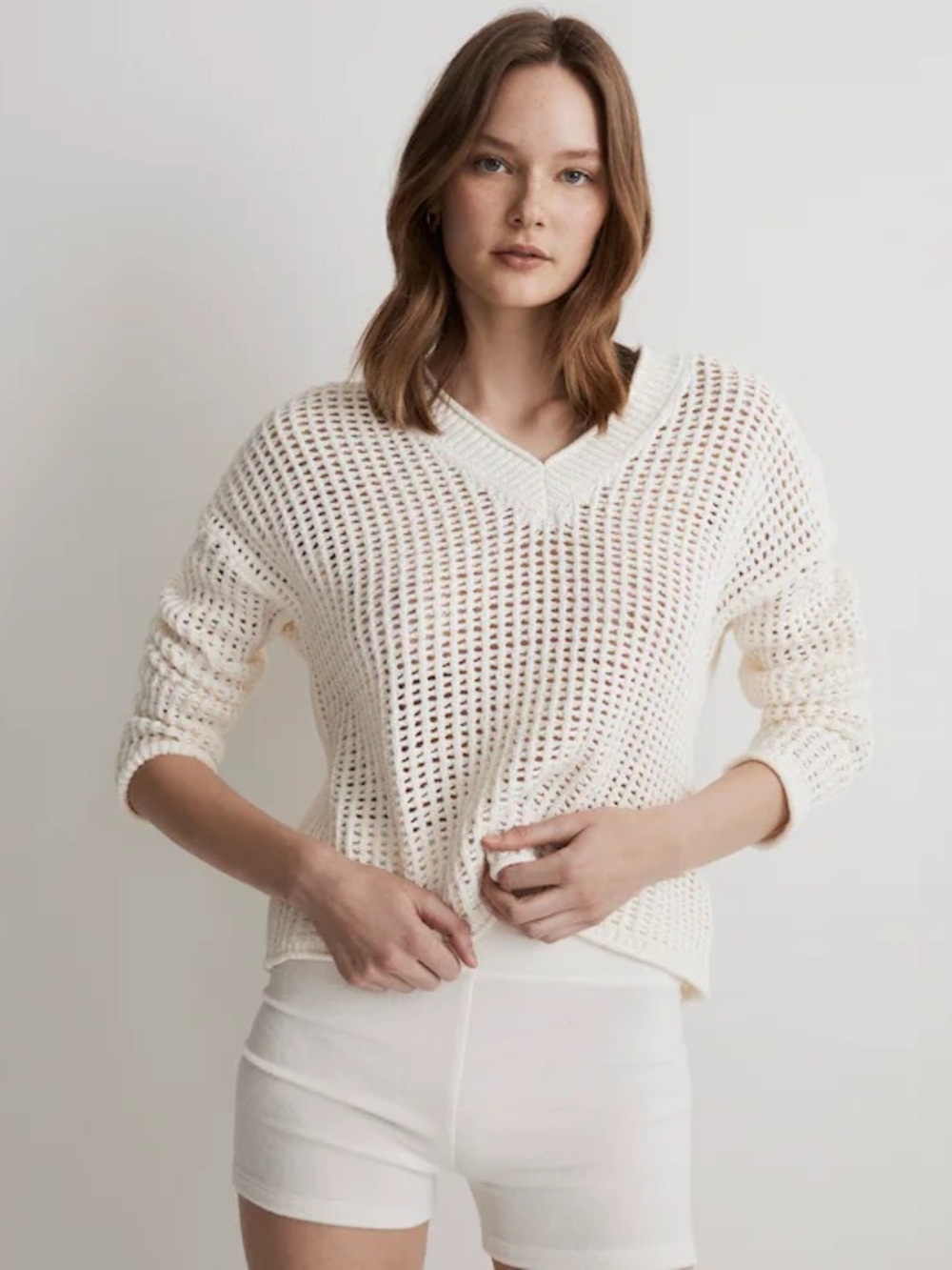 Open-Stitch V-Neck 100% Cotton Pullover Sweater